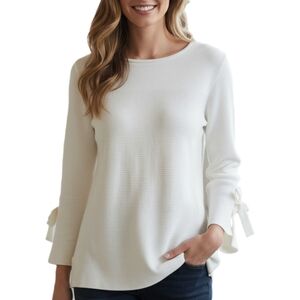 Sz M EDC Women's Ribbed Knit Sweater Top with Bow Sleeves - Off White